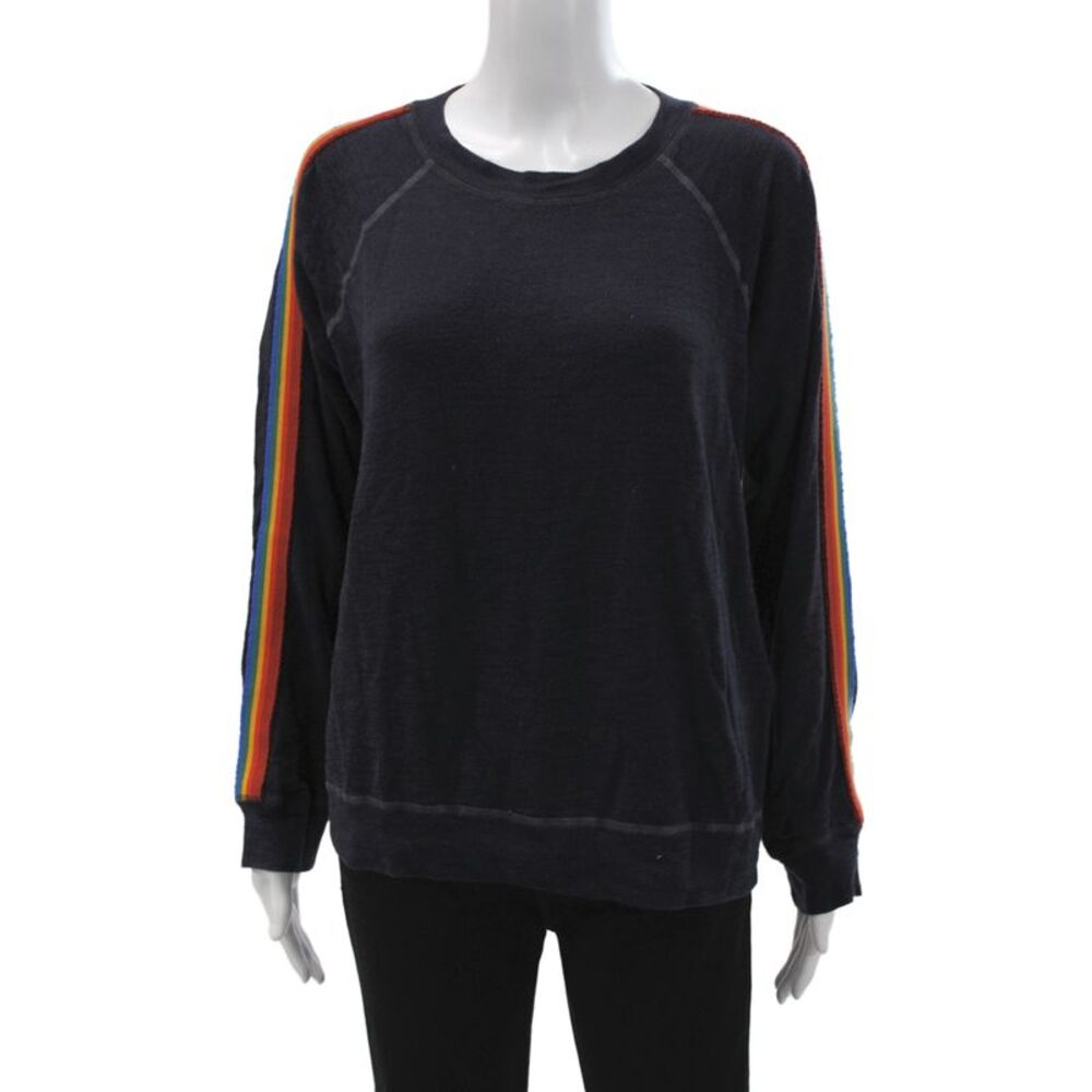 Monrow Women Pullover Sweatshirt Striped Dark Blue Crew Neck Rainbow Size S